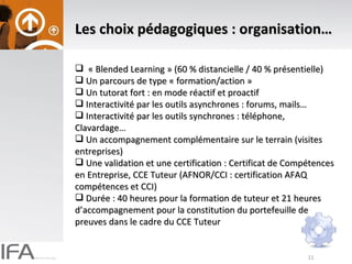 Les choix pédagogiques : organisation… « Blended Learning » (60 % distancielle / 40 % présentielle) Un parcours de type « formation/action » Un tutorat fort : en mode réactif et proactif Interactivité par les outils asynchrones : forums, mails… Interactivité par les outils synchrones : téléphone, Clavardage… Un accompagnement complémentaire sur le terrain (visites entreprises) Une validation et une certification : Certificat de Compétences en Entreprise, CCE Tuteur (AFNOR/CCI : certification AFAQ compétences et CCI) Durée : 40 heures pour la formation de tuteur et 21 heures d’accompagnement pour la constitution du portefeuille de preuves dans le cadre du CCE Tuteur 