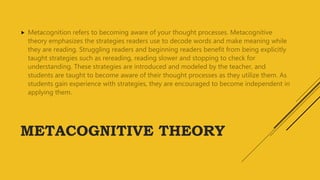 METACOGNITIVE THEORY
 Metacognition refers to becoming aware of your thought processes. Metacognitive
theory emphasizes the strategies readers use to decode words and make meaning while
they are reading. Struggling readers and beginning readers benefit from being explicitly
taught strategies such as rereading, reading slower and stopping to check for
understanding. These strategies are introduced and modeled by the teacher, and
students are taught to become aware of their thought processes as they utilize them. As
students gain experience with strategies, they are encouraged to become independent in
applying them.
 