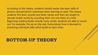 BOTTOM-UP THEORY
According to this theory, students should master the basic skills of
phonics and phonemic awareness when learning to read. This means
students first learn sounds and letter names and then are taught to
decode simple words by sounding them out one letter at a time.
Beginning reading books include many words, students are able to sound
out. For example, Pat sat on the mat. Instructional time is devoted to
practicing individual skills which build on each other.
 