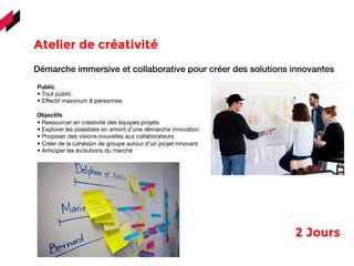 Atelier de créativité 
	
  	
  	
  
Démarche immersive et collaborative pour créer des solutions innovantes
Public
• Tout public
• Effectif maximum 8 personnes
Objectifs
• Ressourcer en créativité des équipes projets
• Explorer les possibles en amont d’une démarche innovation
• Proposer des visions nouvelles aux collaborateurs
• Créer de la cohésion de groupe autour d’un projet innovant
• Anticiper les évolutions du marché
2 Jours 
 