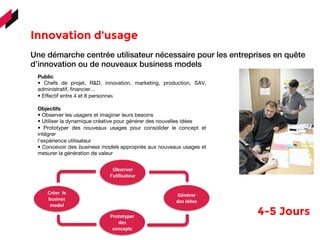 Innovation d’usage 
	
  	
  	
  
Une démarche centrée utilisateur nécessaire pour les entreprises en quête
d’innovation ou de nouveaux business models
Public
• Chefs de projet, R&D, innovation, marketing, production, SAV,
administratif, financier…
• Effectif entre 4 et 8 personnes	
  
	
  
Objectifs
• Observer les usagers et imaginer leurs besoins
• Utiliser la dynamique créative pour générer des nouvelles idées
• Prototyper des nouveaux usages pour consolider le concept et
intégrer
l’expérience utilisateur
• Concevoir des business models appropriés aux nouveaux usages et
mesurer la génération de valeur
	
  
Observer	
  
l’uDlisateur	
  	
  	
  	
  
	
  
Générer	
  
des	
  idées	
  	
  
Créer	
  	
  le	
  
busines	
  
model	
  	
  
Prototyper	
  
des	
  
concepts	
  
4-5 Jours 
 