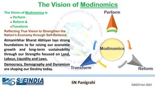The Vision of Modinomics is
Perform
Reform &
Transform
Reflecting True Vision to Strengthen the
Nation’s Economy through Self-Reliance.
Atmanirbhar Bharat Abhiyan lays strong
foundations to for raising our economic
growth and long-term sustainability
through our Strengths focused on Land,
Labour, Liquidity and Laws.
Democracy, Demography and Dynamism
are shaping our Destiny today.
GASCO Con 2022
 