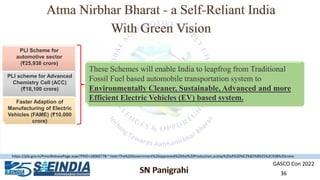 GASCO Con 2022
36
PLI Scheme for
automotive sector
(₹25,938 crore)
PLI scheme for Advanced
Chemistry Cell (ACC)
(₹18,100 crore)
Faster Adaption of
Manufacturing of Electric
Vehicles (FAME) (₹10,000
crore)
These Schemes will enable India to leapfrog from Traditional
Fossil Fuel based automobile transportation system to
Environmentally Cleaner, Sustainable, Advanced and more
Efficient Electric Vehicles (EV) based system.
https://pib.gov.in/PressReleasePage.aspx?PRID=1806077#:~:text=The%20Government%20approved%20the%20Production,outlay%20of%20%E2%82%B925%2C938%20crore.
 