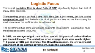 GASCO Con 2022
40
The overall Logistics Cost is about 14% of GDP, significantly higher than that of
many other countries.
Transporting goods by Rail Costs 45% less (on a per tonne, per km basis)
compared to road, but three-fourths of all goods are sent across the country by
road because of the inefficiencies in rail transport.
The government has come up with one answer to this problem—a network of multi-
modal logistics parks (MMLPs).
In 2018, an average freight train emitted around 18 grams of carbon dioxide
per tonne-kilometer. The emissions of an average truck were much higher:
112 grams of CO2 per kilometer. The Umweltbundesamt, the environmental
department of the German government, made this calculation.
 