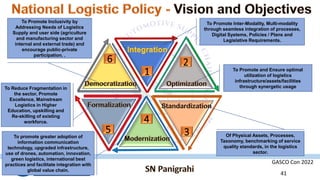 GASCO Con 2022
41
1
2
3
4
5
6
To Promote Inter-Modality, Multi-modality
through seamless integration of processes,
Digital Systems, Policies / Plans and
Legislative Requirements.
To Promote and Ensure optimal
utilization of logistics
infrastructure/assets/facilities
through synergetic usage
Of Physical Assets, Processes,
Taxonomy, benchmarking of service
quality standards, in the logistics
sector.
To Promote Inclusivity by
Addressing Needs of Logistics
Supply and user side (agriculture
and manufacturing sector and
internal and external trade) and
encourage public-private
participation. .
To promote greater adoption of
information communication
technology, upgraded infrastructure,
use of drones, automation, innovation,
green logistics, international best
practices and facilitate integration with
global value chain.
To Reduce Fragmentation in
the sector, Promote
Excellence, Mainstream
Logistics in Higher
Education, upskilling and
Re-skilling of existing
workforce.
 