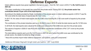 GASCO Con 2022
53
India's defence exports have grown eightfold in the last six years -- from Rs 1521 crore in 2016-17 to Rs 12,815 crore in
2021-22.
"The major contribution in this growth has come from the private sector. During 2021-22, the private sector has
contributed almost 70 per cent of the total exports.
According to the details provided by Singh, contribution of the private sector in India's defence exports in 2016-17 was Rs
194 crore while the total value of exports was Rs 1,521 crore.
In 2017-18, the value of India's total exports was Rs 4,682 crore including Rs 3,163 crore worth of exports by the private
sector.
The contribution of the private industries went up to Rs 9,813 crore in 2018-19 while the total volume was Rs 10,746 crore.
In 2019-20, the total exports were valued at Rs 9,116 crore out of which Rs 8,008 crore was from the private sector.
The volume of exports in 2020-21 was Rs 8,435 crore which included the contribution of Rs 7,271 crore by the private
industries.
The total defence exports went up to Rs 12,815 crore in 2021-22 out of which Rs 8,800 crore was contributed by the
private sector, the details furnished by Singh showed.
" About 80 countries import Indian defence equipment, sub-systems, parts and components.”
Defence Minister Rajnath Singh told Lok Sabha – 29th July’2022
 