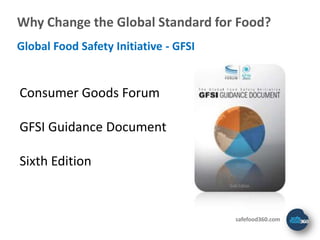 Why Change the Global Standard for Food?
Global Food Safety Initiative - GFSI


Consumer Goods Forum

GFSI Guidance Document

Sixth Edition


                                       safefood360.com
 