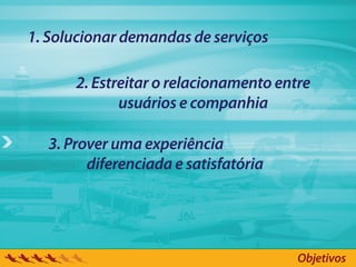 1. Solucionar demandas de serviços

      2. Estreitar o relacionamento entre
             usuários e companhia

  3. Prover uma experiência
        diferenciada e satisfatória




                                       Objetivos
 