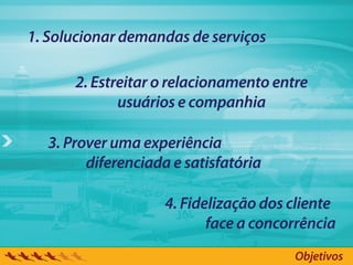 1. Solucionar demandas de serviços

      2. Estreitar o relacionamento entre
             usuários e companhia

  3. Prover uma experiência
        diferenciada e satisfatória

                    4. Fidelização dos cliente
                           face a concorrência
                                       Objetivos
 
