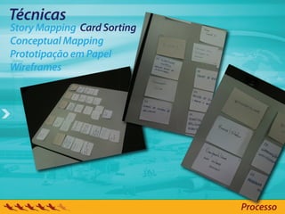 Técnicas
Story Mapping Card Sorting
Conceptual Mapping
Prototipação em Papel
Wireframes




                             Processo
 