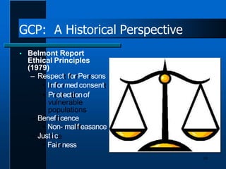 GCP: A Historical Perspective
 Belmont Report
Ethical Principles
(1979)
– Respectt fforrPerrsons
• IInfforrmedconsentt
• Prrottecttiionof
vulnerable
populations
– Beneffiicence
• Non--mallffeasance
– Justtiice
• Faiirrness
10
 