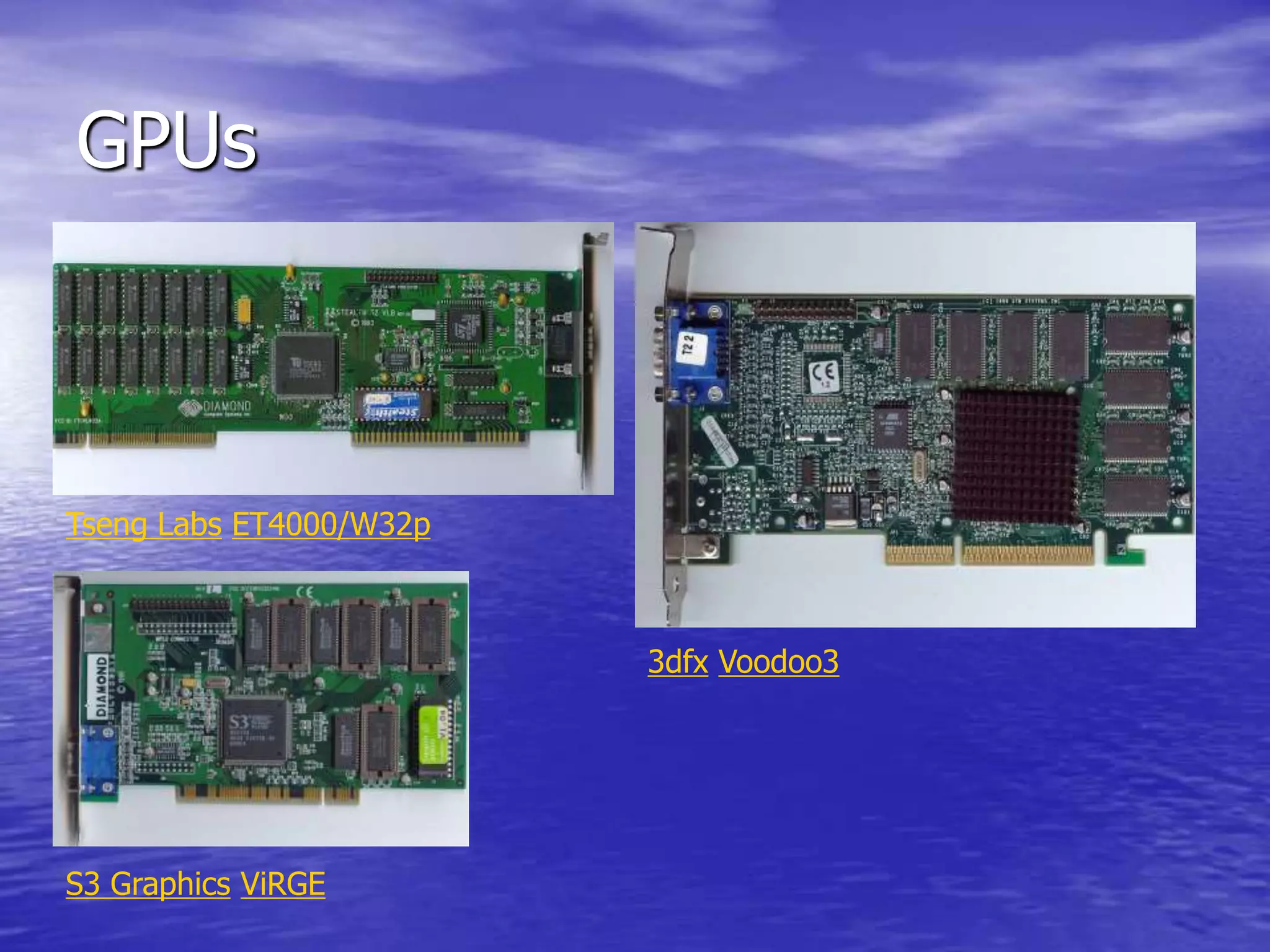 GPUs
Tseng Labs ET4000/W32p
S3 Graphics ViRGE
3dfx Voodoo3
 