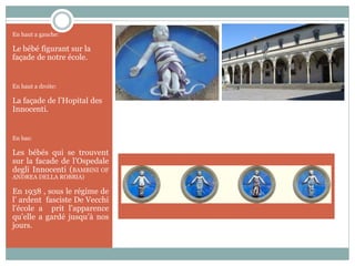 En haut a gauche:
Le bébé figurant sur la
façade de notre école.
En haut a droite:
La façade de l’Hopital des
Innocenti.
En bas:
Les bébés qui se trouvent
sur la facade de l’Ospedale
degli Innocenti (BAMBINI OF
ANDREA DELLA ROBBIA)
En 1938 , sous le régime de
l’ ardent fasciste De Vecchi
l’école a prit l’apparence
qu’elle a gardé jusqu’à nos
jours.
 