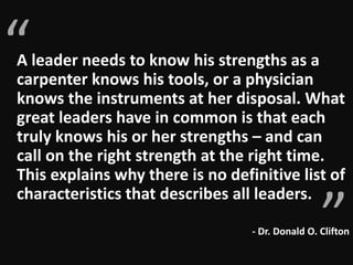 “
”
A leader needs to know his strengths as a
carpenter knows his tools, or a physician
knows the instruments at her disposal. What
great leaders have in common is that each
truly knows his or her strengths – and can
call on the right strength at the right time.
This explains why there is no definitive list of
characteristics that describes all leaders.
- Dr. Donald O. Clifton
 