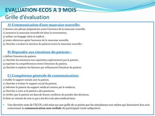 EVALUATION-ECOS A 3 MOIS
    Grille d’évaluation
    A) Communication d’une mauvaise nouvelle:
1) donner une phrase préparatoire avant l’annonce de la mauvaise nouvelle,
2) annoncer la mauvaise nouvelle tôt dans la conversation,
3) utiliser un langage claire et explicit,
4) rester silencieux après l’annonce de la mauvaise nouvelle,
5) chercher a évaluer la réaction du patient envers la mauvaise nouvelle ;


    B) Répondre aux émotions du patients :
1) définir l’émotion du patient,
2) chercher les émotions non exprimées explicitement par le patient,
3) exprimer la compréhension envers l’émotion du patient,
4) chercher à explorer les facteurs qui influencent l’émotion du patient;


    C) Compétence générale de communication:
1) établir le rapport initiale avec le patient,
2) chercher à évaluer le support social du patient,
3) informer le patient du support médical continu par le médecin,
4) chercher a voire si le patient a des questions,
5) vérifier que le patient est dans de bonne condition de prendre des décisions,
6) faire un résumé de tout ce qui a été dit et du plan médical futur.

   Une dernière note de l’ECOS a été mise sur une grille de 10 points par les simulateurs eux même qui donnaient leur avis
    concernant la communication non verbale du participant (note subjective).
 
