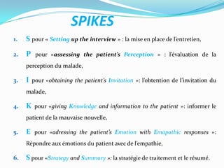 SPIKES
1.   S pour « Setting up the interview » : la mise en place de l’entretien,

2.   P    pour «assessing the patient’s Perception » : l’évaluation de la
     perception du malade,

3.   I   pour «obtaining the patient’s Invitation »: l’obtention de l’invitation du
     malade,

4.   K    pour «giving Knowledge and information to the patient »: informer le
     patient de la mauvaise nouvelle,

5.   E    pour «adressing the patient’s Emotion with Emapathic responses »:
     Répondre aux émotions du patient avec de l’empathie,

6.   S pour «Strategy and Summary »: la stratégie de traitement et le résumé.
 