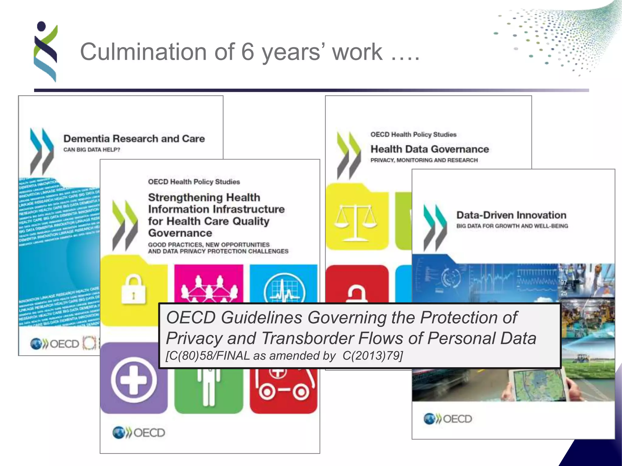 Culmination of 6 years’ work ….
OECD Guidelines Governing the Protection of
Privacy and Transborder Flows of Personal Data
[C(80)58/FINAL as amended by C(2013)79]
 