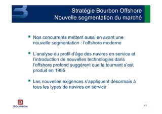 43
Nos concurrents mettent aussi en avant une
nouvelle segmentation : l’offshore moderne
L’analyse du profil d’âge des navires en service et
l’introduction de nouvelles technologies dans
l’offshore profond suggèrent que le tournant s’est
produit en 1995
Les nouvelles exigences s’appliquent désormais à
tous les types de navires en service
Stratégie Bourbon Offshore
Nouvelle segmentation du marché
 
