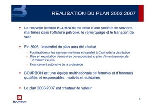 5
REALISATION DU PLAN 2003-2007
La nouvelle identité BOURBON est celle d’une société de services
maritimes dans l’offshore pétrolier, le remorquage et le transport de
vrac
Fin 2006, l’essentiel du plan aura été réalisé
 Focalisation sur les services maritimes et transfert à Casino de la distribution
 Mise en exploitation des navires correspondant au plan d’investissement de
1,2 milliard d’euros
 Financement autonome de la croissance
BOURBON est une équipe multinationale de femmes et d’hommes
qualifiés et responsables, motivés et solidaires
Le plan 2003-2007 est créateur de valeur
 