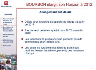 Sommaire
1. Pourquoi élargir
l’Horizon de
BOURBON à
2012
2. Les métiers de
BOURBON à
Horizon 2012
3. Facteurs clés de
succès
4. BOURBON les
objectifs 2012
5. Conclusion
7
Délais pour livraisons d’appareils de forage : à partir
de 2011
Pas de treuil de forte capacité pour AHTS avant fin
2010
Les fabricants de propulseurs ne prennent plus de
commandes pour l’année 2009
Les délais de livraisons des têtes de puits sous-
marines freinent les développements des nouveaux
champs
BOURBON élargit son Horizon à 2012
Allongement des dAllongement des déélaislais
 