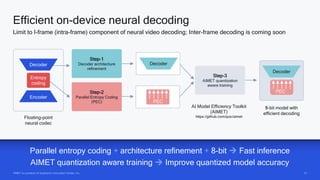 31
31
8-bit model with
efficient decoding
PEC
Decoder
AI Model Efficiency Toolkit
(AIMET)
https://github.com/quic/aimet
Step-3
AIMET quantization
aware training
AIMET is a product of Qualcomm Innovation Center, Inc.
Efficient on-device neural decoding
Limit to I-frame (intra-frame) component of neural video decoding; Inter-frame decoding is coming soon
Step-1
Decoder architecture
refinement
Decoder
Floating-point
neural codec
Step-2
Parallel Entropy Coding
(PEC) PEC
Entropy
coding
Decoder
Encoder
Parallel entropy coding + architecture refinement + 8-bit  Fast inference
AIMET quantization aware training  Improve quantized model accuracy
 