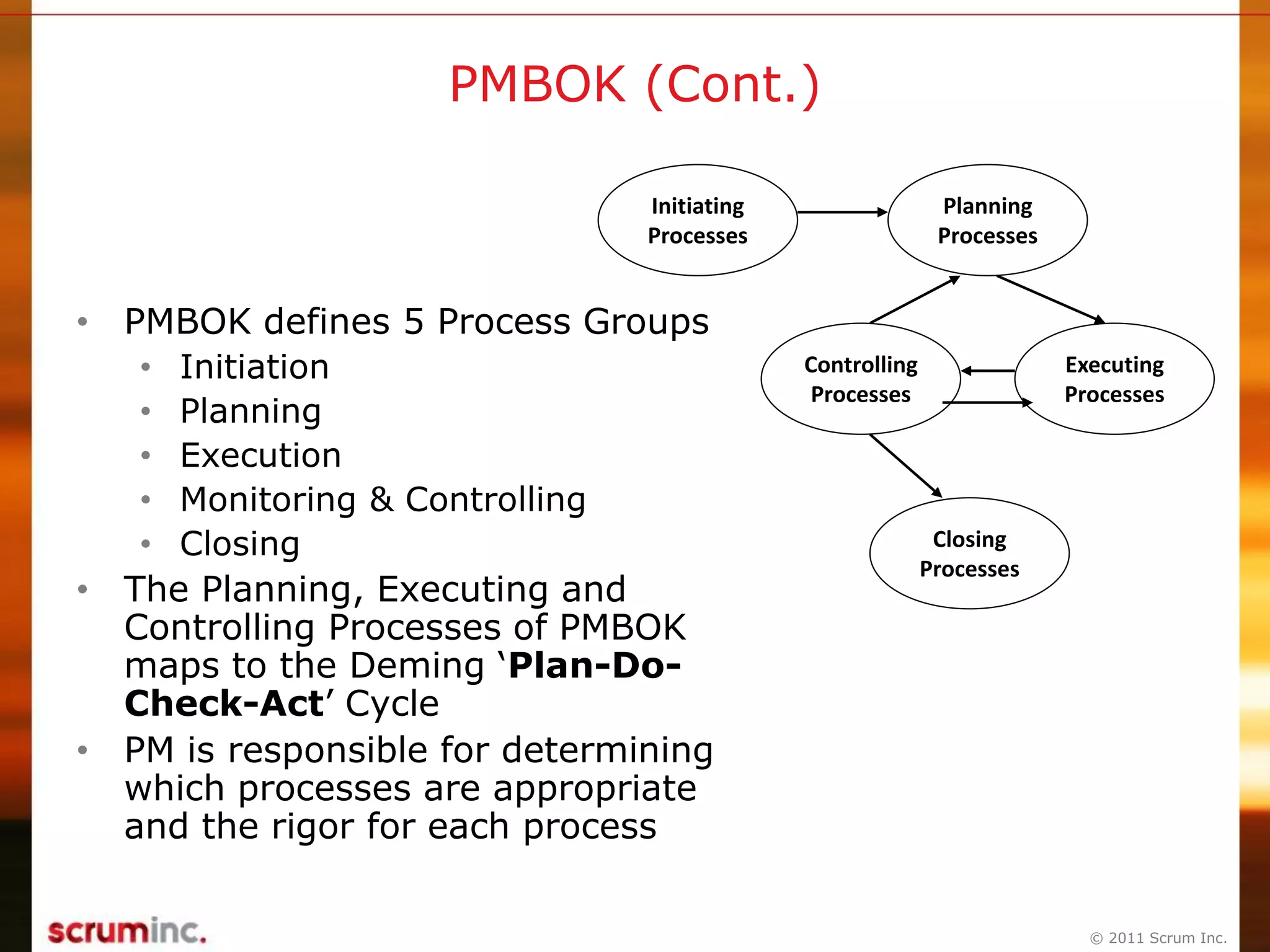 © 2011 Scrum Inc.
PMBOK (Cont.)
• PMBOK defines 5 Process Groups
• Initiation
• Planning
• Execution
• Monitoring & Controlling
• Closing
• The Planning, Executing and
Controlling Processes of PMBOK
maps to the Deming „Plan-Do-
Check-Act‟ Cycle
• PM is responsible for determining
which processes are appropriate
and the rigor for each process
Initiating
Processes
Planning
Processes
Controlling
Processes
Executing
Processes
Closing
Processes
 