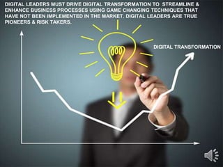 DIGITAL TRANSFORMATION
DIGITAL LEADERS MUST DRIVE DIGITAL TRANSFORMATION TO STREAMLINE &
ENHANCE BUSINESS PROCESSES USING GAME CHANGING TECHNIQUES THAT
HAVE NOT BEEN IMPLEMENTED IN THE MARKET. DIGITAL LEADERS ARE TRUE
PIONEERS & RISK TAKERS.
 