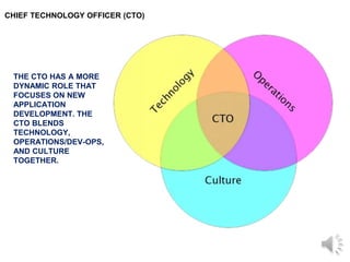 CHIEF TECHNOLOGY OFFICER (CTO)
THE CTO HAS A MORE
DYNAMIC ROLE THAT
FOCUSES ON NEW
APPLICATION
DEVELOPMENT. THE
CTO BLENDS
TECHNOLOGY,
OPERATIONS/DEV-OPS,
AND CULTURE
TOGETHER.
 