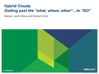 © 2009 VMware Inc. All rights reserved
Confidential
Hybrid Clouds
Getting past the “what, where, when”…to “DO”
Names: Justin Oliver and Graham Crich
 