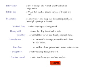 Interception   : first raindrops of a rainfall event will fall on  vegetation.  Infiltration   : Water that reaches ground surface will soak into  soil. Overland flow   : water moving over the ground. Throughfall   : water that drip down leaf to leaf.  Percolation   : Some water sinks deep into the earth (percolates)  through openings in the soil.  Stemflow   : water that flow down tree thrunks or plant stems. Groundwater   : water transfer through permeable rocks from  the soil above. Baseflow   : water flows from groundwater stores to the stream Throughflow    : water moving through the soil. Surface run-off   :  water that flows over the land surface. TERMS 