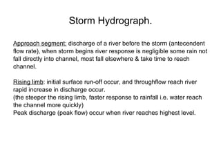 Storm Hydrograph. Approach segment:  discharge of a river before the storm (antecendent  flow rate), when storm begins river response is negligible some rain not  fall directly into channel, most fall elsewhere & take time to reach  channel. Rising limb : initial surface run-off occur, and throughflow reach river  rapid increase in discharge occur.  (the steeper the rising limb, faster response to rainfall i.e. water reach  the channel more quickly) Peak discharge (peak flow) occur when river reaches highest level. 