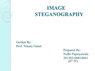 IMAGE
STEGANOGRAPHY
Guided By:
Prof. Nikunj Gamit
Prepared By:
Nidhi Papaiyawala
201203100810041
(6th IT)
 