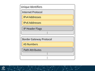 Unique Identifiers
Internet Protocol
IPv4 Addresses
IPv6 Addresses
IP Header Flags
Border Gateway Protocol
AS Numbers
Path Attributes
 
