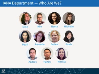 IANA Department — Who Are We?
Elise Kim Naela Michelle
Pearl Amanda Selina Paula
Andres Punky Marilia
 