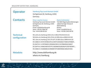 REGISTRY ENTRY FOR .HAMBURG
Operator Hamburg Top-Level-Domain GmbH
Gertigstrasse 28, Hamburg, 22303
Germany
Contacts Oliver Joachim Sueme
Hamburg Top-Level-Domain GmbH
Gertigstrasse 28, Hamburg, 22303
Germany
Email: os@dothamburg.de
Voice: +49 40 27806736
Fax: +49 40 380 89 810
Martin Schlicksbier
TLD-BOX Registrydienstleistungen
Jakob-Haringer-Strasse 8
5020 Salzburg
Austria
Email: iana@tld-box.at
Voice: +43 662 2345 48730
Technical
configuration
NS a.dns.nic.hamburg (194.0.25.21 2001:678:20:0:0:0:0:21)
NS b.dns.nic.hamburg (193.170.61.10 2001:62a:a:2000:0:0:0:10)
NS c.dns.nic.hamburg (193.170.187.10 2001:62a:a:3000:0:0:0:10)
DS 53866 8 2 AF2F53F6B523F31C04A741B3826D27CBAE16F4BA6F...
DS 26479 8 1 1C9F5D68C413E8A9A2C8E1C1637B8A4DA2CA6827
DS 26479 8 2 4A48334EF87D7FC156E886E5A2B2682FCF0679ED6FC...
DS 53866 8 1 D26808AE1E19086BCF5FC88D59066C3AD22F2E56
Metadata http://www.dothamburg.de
whois.nic.hamburg
 