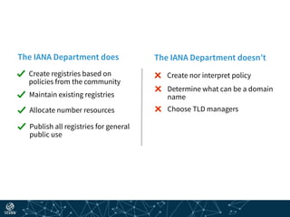 Create registries based on
policies from the community
The IANA Department does The IANA Department doesn’t
Create nor interpret policy
Maintain existing registries
Allocate number resources
Determine what can be a domain
name
Choose TLD managers
Publish all registries for general
public use
 