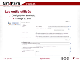 Hudson

  Les outils utilisés
         Configuration d’un build
              Scrutage du SVN




17/03/2010                           Agile Nantes   13|26
 