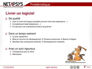 Problématique

  Livrer un logiciel
     De qualité
        Avec le moins de bogues possibles (encore moins des régressions…)
        Complètement testé (idéalement…)
        En assurant une maintenance facile à long terme



     Dans un temps restreint
        Le plus rapidement
        Mise en commun du développement  Plusieurs personnes  Besoin d’intégrer
        Réutiliser des composants existants  Développement modulaire



     Avec un suivi rigoureux
        Transparence pour le client
        Rétroaction




17/03/2010                                      Agile Nantes                         4|26
 