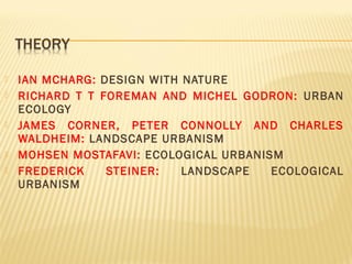  IAN MCHARG: DESIGN WITH NATURE
 RICHARD T T FOREMAN AND MICHEL GODRON: URBAN
ECOLOGY
 JAMES CORNER, PETER CONNOLLY AND CHARLES
WALDHEIM: LANDSCAPE URBANISM
 MOHSEN MOSTAFAVI: ECOLOGICAL URBANISM
 FREDERICK STEINER: LANDSCAPE ECOLOGICAL
URBANISM
 