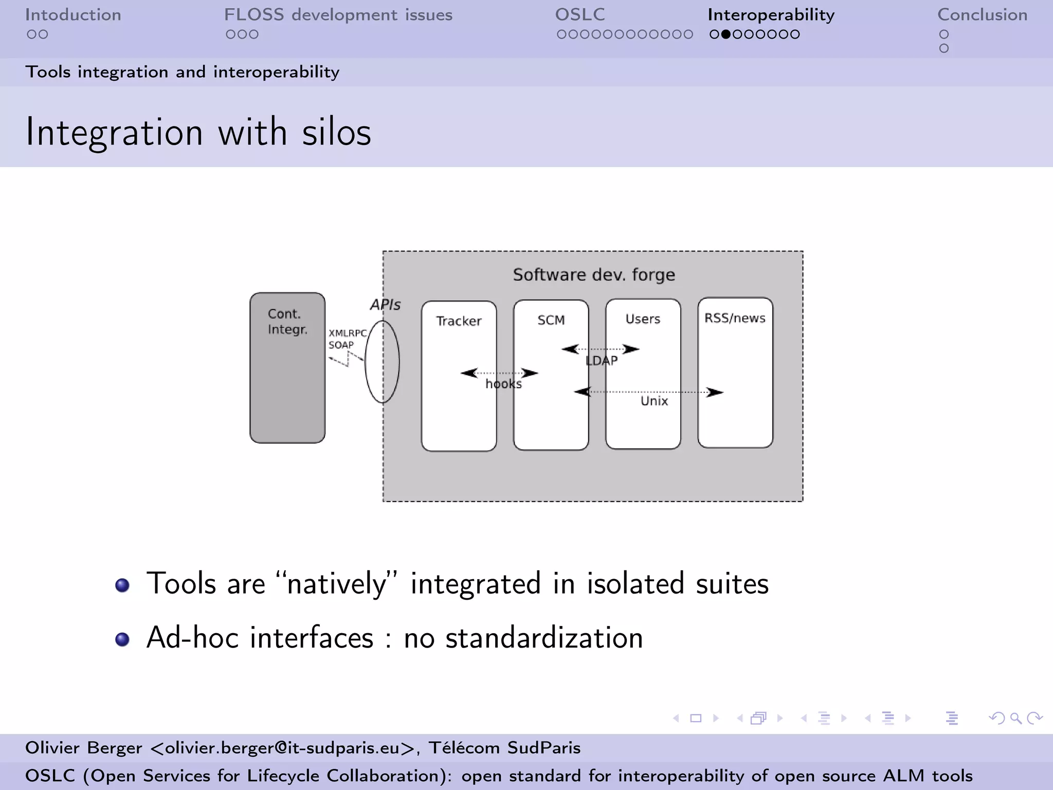 Intoduction            FLOSS development issues             OSLC              Interoperability          Conclusion


Tools integration and interoperability


Integration with silos




              Tools are “natively” integrated in isolated suites
              Ad-hoc interfaces : no standardization


Olivier Berger <olivier.berger@it-sudparis.eu>, Télécom SudParis
OSLC (Open Services for Lifecycle Collaboration): open standard for interoperability of open source ALM tools
 