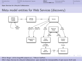 Intoduction            FLOSS development issues             OSLC              Interoperability          Conclusion


Open Services for Lifecycle Collaboration


Meta model entities for Web Services (discovery)




Olivier Berger <olivier.berger@it-sudparis.eu>, Télécom SudParis
OSLC (Open Services for Lifecycle Collaboration): open standard for interoperability of open source ALM tools
 