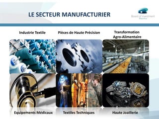 LE SECTEUR MANUFACTURIER
Pièces de Haute Précision Transformation
Agro-Alimentaire
Industrie Textile
Equipements Médicaux Textiles Techniques Haute Joaillerie
 