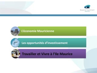 L’économie Mauricienne
Les opportunités d’investissement
Travailler et Vivre à l’Ile Maurice
 