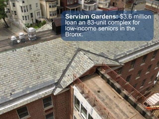 GLOBAL MARKETPLACENew York City Acquisition Fund (Debt)Purpose: support the development of 30,000 low income housing units in New York CityTarget ventures: for-profit and non-profit affordable housing developersFund size: $230 millionInvestment size and term (ventures): Up to $7.5 mil (new build) or $15 mil (acquisition); lending period of up to three yearsPartners/Investors: Collaboration with the City of New York, major foundations (ie. Ford Foundation, Rockefeller Foundation), and private/community investment groups (ie. JP Morgan Chase Bank)Financial return (investor): variable interest rate currently indexed to prime (minus 40 – 60 basis points)