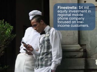 GLOBAL MARKETPLACEIgnia Fund I, LP (Equity)Purpose: empowers entrepreneurship and generates social impact at the base of the socioeconomic pyramid (BoP) in Latin AmericaTarget ventures: sectors that have a disproportionate impact on the lives of the poor, such as health care, nutrition, housing, education, and basic utilities.Fund size: $102 million (USD)Investment size and term (ventures): $2 – 10 mil per venture; 12 year term for exitInvestors: global and multilateral institutions and high net worth individuals (accredited investors)Financial return: target rate of return (IRR) is 25 – 30 per cent