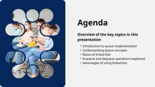Agenda
Overview of the key topics in this
presentation
• Introduction to queue implementation
• Understanding queue concepts
• Basics of linked lists
• Enqueue and dequeue operations explained
• Advantages of using linked lists
 