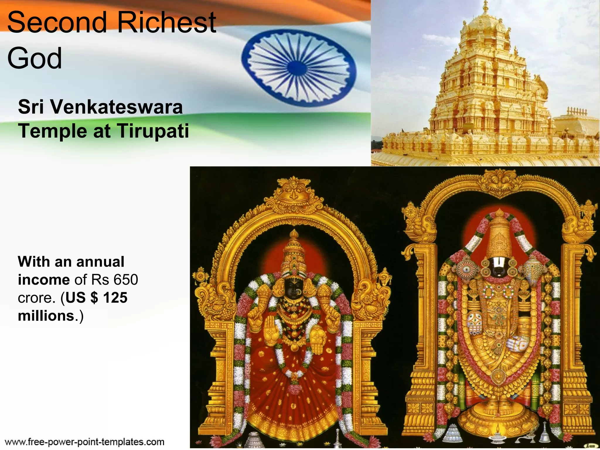 Second Richest
God
Sri Venkateswara
Temple at Tirupati




With an annual
income of Rs 650
crore. (US $ 125
millions.)
 