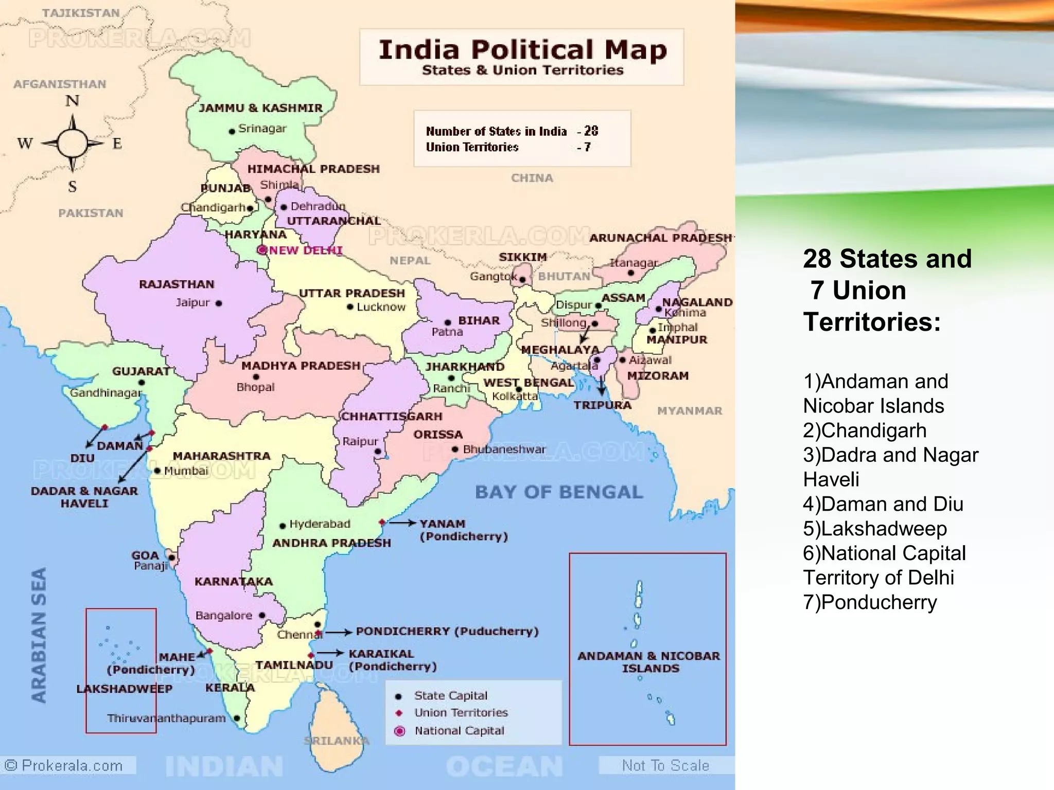 28 States and
 7 Union
Territories:

1)Andaman and
Nicobar Islands
2)Chandigarh
3)Dadra and Nagar
Haveli
4)Daman and Diu
5)Lakshadweep
6)National Capital
Territory of Delhi
7)Ponducherry
 