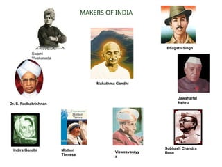 MAKERS OF INDIA
Dr. S. Radhakrishnan
Indira Gandhi Mother
Theresa
Viswesvarayy
a
Subhash Chandra
Bose
Jawaharlal
Nehru
Bhagath Singh
Swami
Vivekanada
Mahathma Gandhi
 