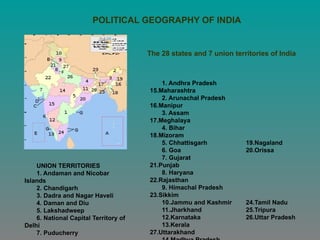 POLITICAL GEOGRAPHY OF INDIA
The 28 states and 7 union territories of India
1. Andhra Pradesh
15.Maharashtra
2. Arunachal Pradesh
16.Manipur
3. Assam
17.Meghalaya
4. Bihar
18.Mizoram
5. Chhattisgarh 19.Nagaland
6. Goa 20.Orissa
7. Gujarat
21.Punjab
8. Haryana
22.Rajasthan
9. Himachal Pradesh
23.Sikkim
10.Jammu and Kashmir 24.Tamil Nadu
11.Jharkhand 25.Tripura
12.Karnataka 26.Uttar Pradesh
13.Kerala
27.Uttarakhand
UNION TERRITORIES
1. Andaman and Nicobar
Islands
2. Chandigarh
3. Dadra and Nagar Haveli
4. Daman and Diu
5. Lakshadweep
6. National Capital Territory of
Delhi
7. Puducherry
 